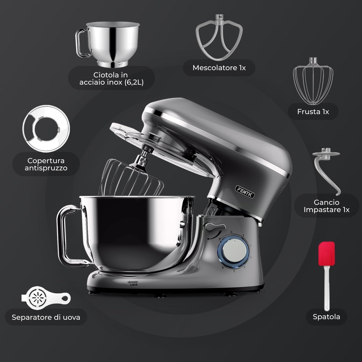Fentic Impastatrice Planetaria - 2000W - Ciotola in Acciaio Inossidabile (6,2 L) - Impastatrice con Frusta, Gancio Impastare e Mescolatore - Inclusa e accessori extra - Antracite
