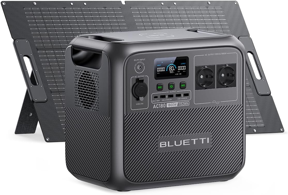 BLUETTI AC180 Generator with Solar Panel 200W, LiFePO4 Battery 1152Wh with 2 AC Outputs 1800W (2700W Peak), Portable Solar Generator for Camping, Travel, Power Outage