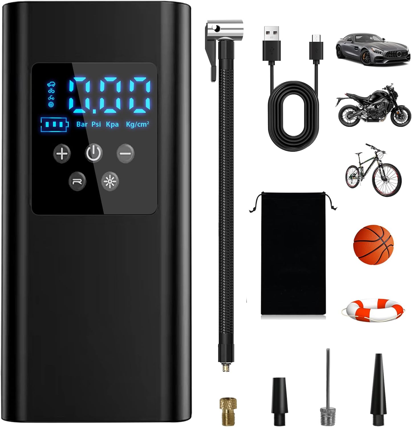 150PSI Portable Air Compressor, 6000 mAh Electric Inflator with 4 Nozzles for Car, Motorcycle, Bicycles and Balls