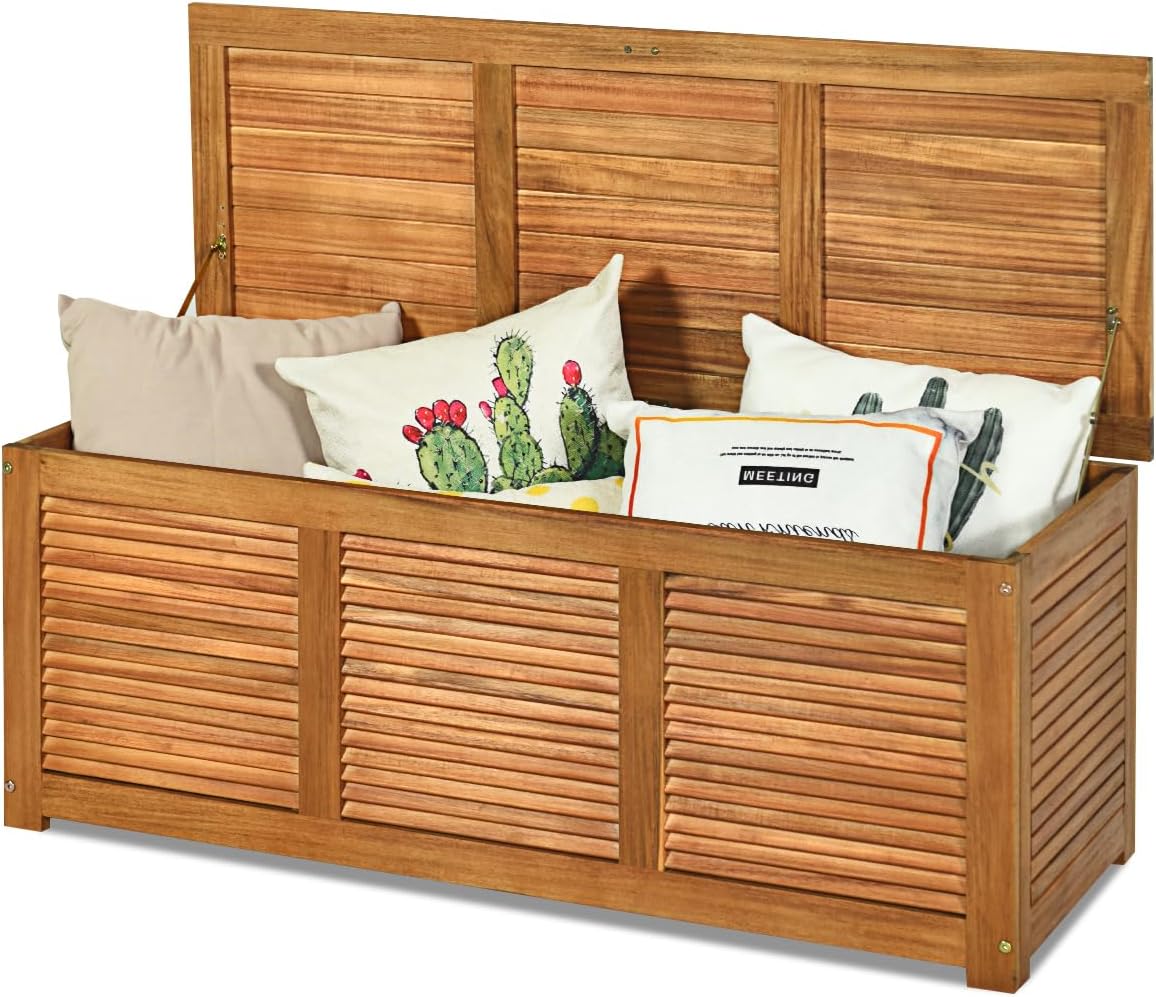 HOMASIS Baule da Esterno, Cassone da Esterno in Legno Massello, Cassapanca Contenitore da 178L per Giardino, Balcone, Terrazzo, Ingrsso, Portata 150 kg, 120 x 45 x 45 cm, Naturale