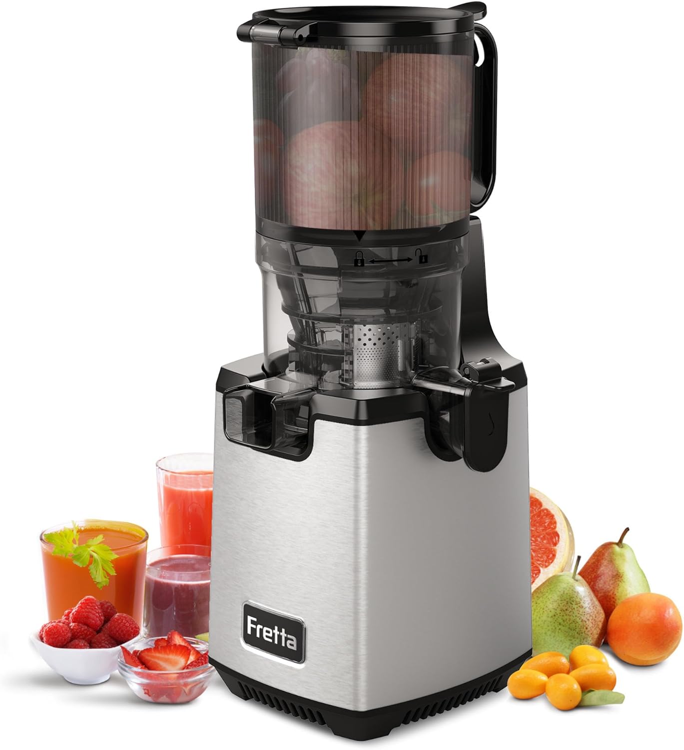 Fretta Estrattore frutta e verdura,Estrattore di Succo Lento con Grande Bocca 135mm,1.8L, Facile da Pulire,BPA Free,Acciaio Inossidabile,Motore Silenzioso,Funzione Inversione锛宩uicer