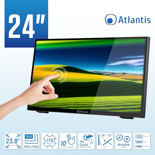 ATLANTIS A05 T24A VHDM Monitor Touch 24 pollici, Touchscreen 10 tocchi, Full HD 1920x1080, HDMI VGA DP, inclinabile 15° 70°, Vetro Protettivo 7H, Contrasto 3000:1, Angolo 178/178,Vesa 100 : Informatica