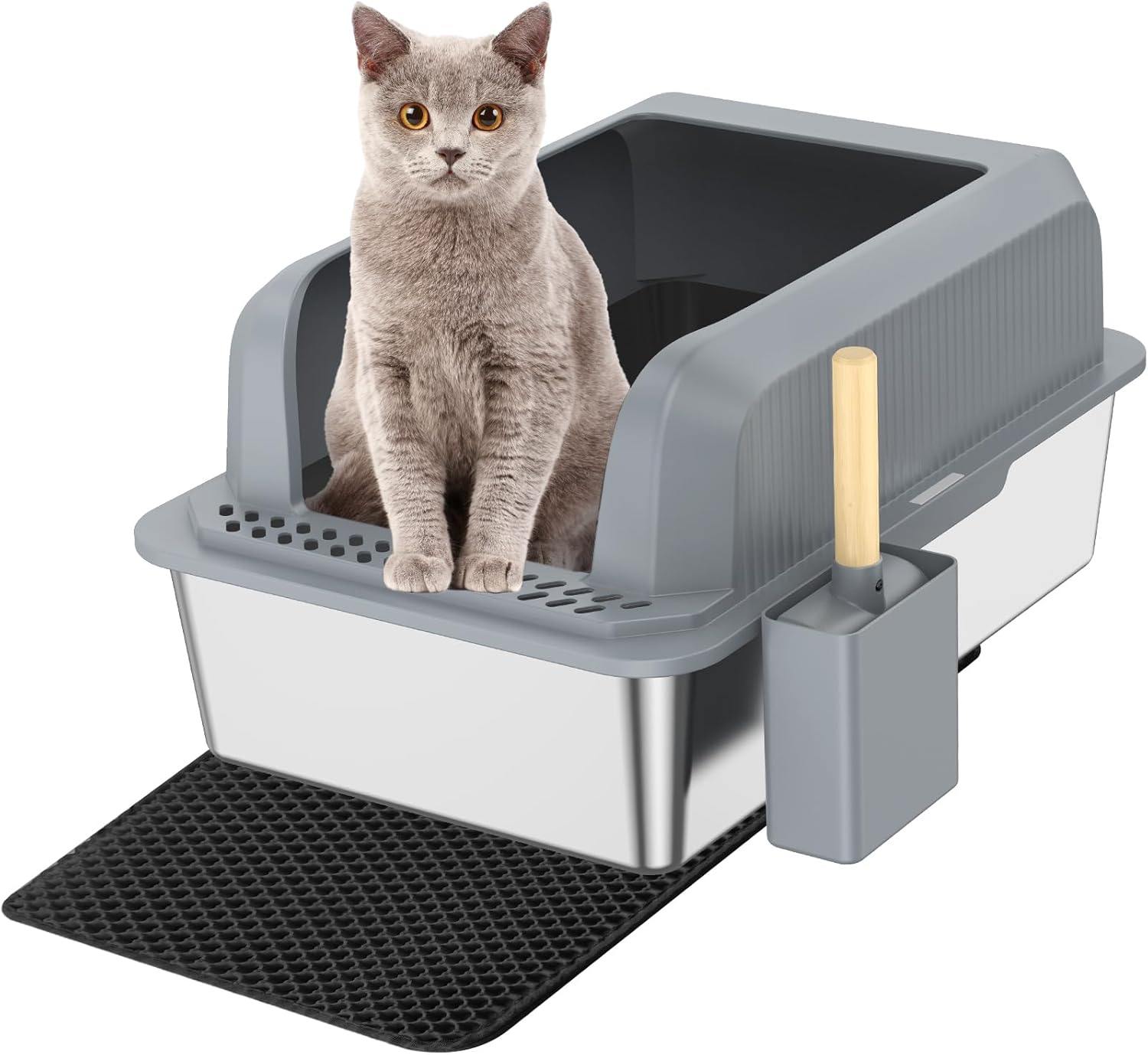 TAIKURA Lettiera per Gatti in Acciaio Inox con Cuscinetti in Silicone e Paletta,60x40,6x30,5 cm,Lettiera Gatto Chiusa Grande,Facile da Pulire