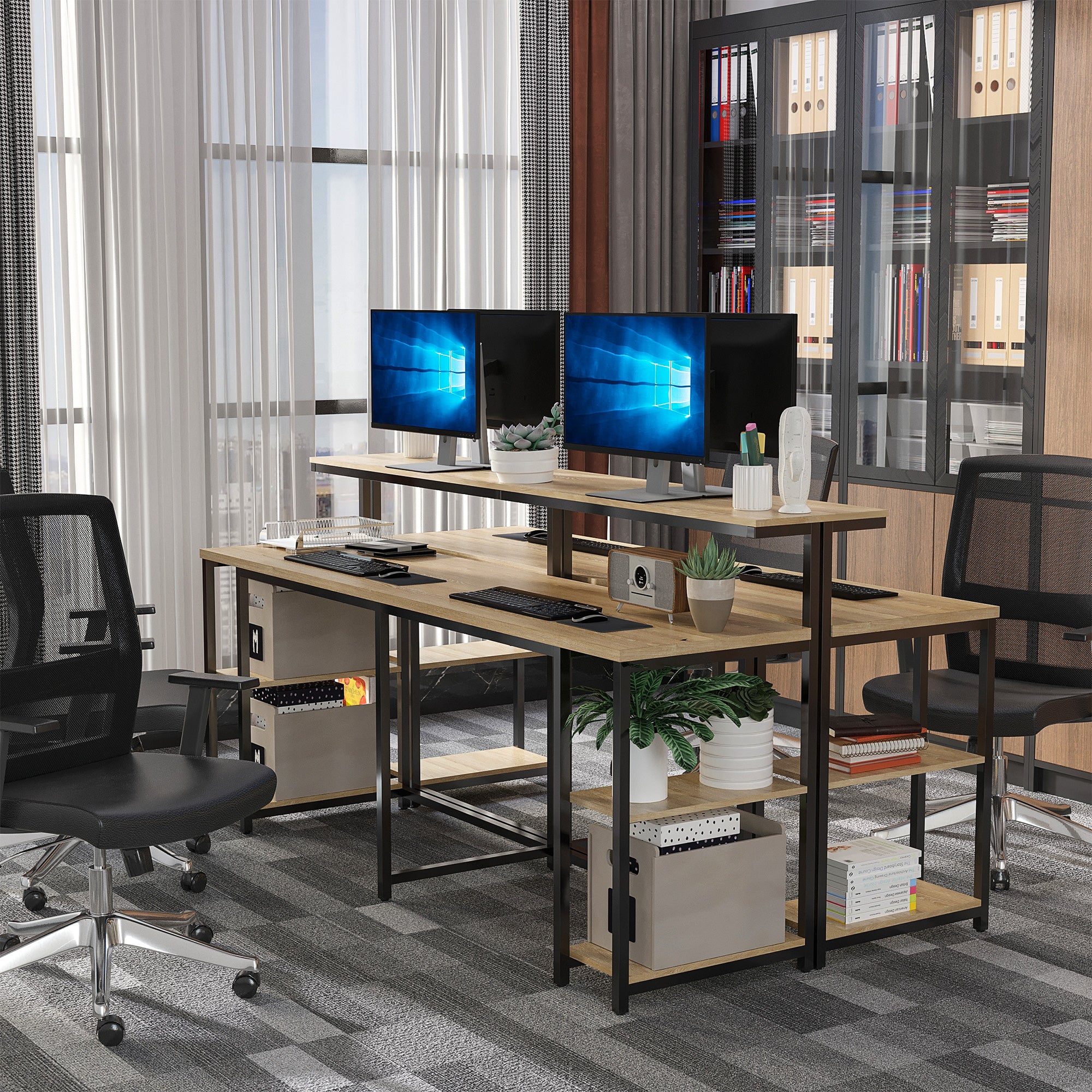 Easycomfort Scrivania Doppia con Scaffali e Mensola per Monitor in Stile Industriale, Scrivania con Libreria Salvaspazio per Ufficio e Studio in Metallo e MDF, 200x53x100cm, Nero Marrone