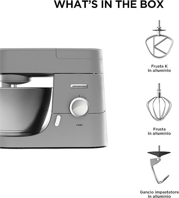 Kenwood KVL4100S Impastatrice Planetaria Chef XL con Ciotola da 6,7L, 3 Ganci di Miscelazione, Personalizzabile con oltre 25 Accessori Opzionali Acquistabili Separatamente, Potenza 1200W, Silver
