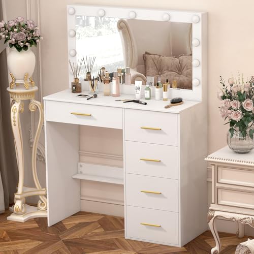 Teousev Toilette Trucco con Specchio, Toeletta Trucco con Luci, Postazione Trucco con 5 Cassetti, Tavolo Trucco per La Camera Da Letto, 80X36X131cm, Bianco, JR27 : Amazon.it: Casa e cucina