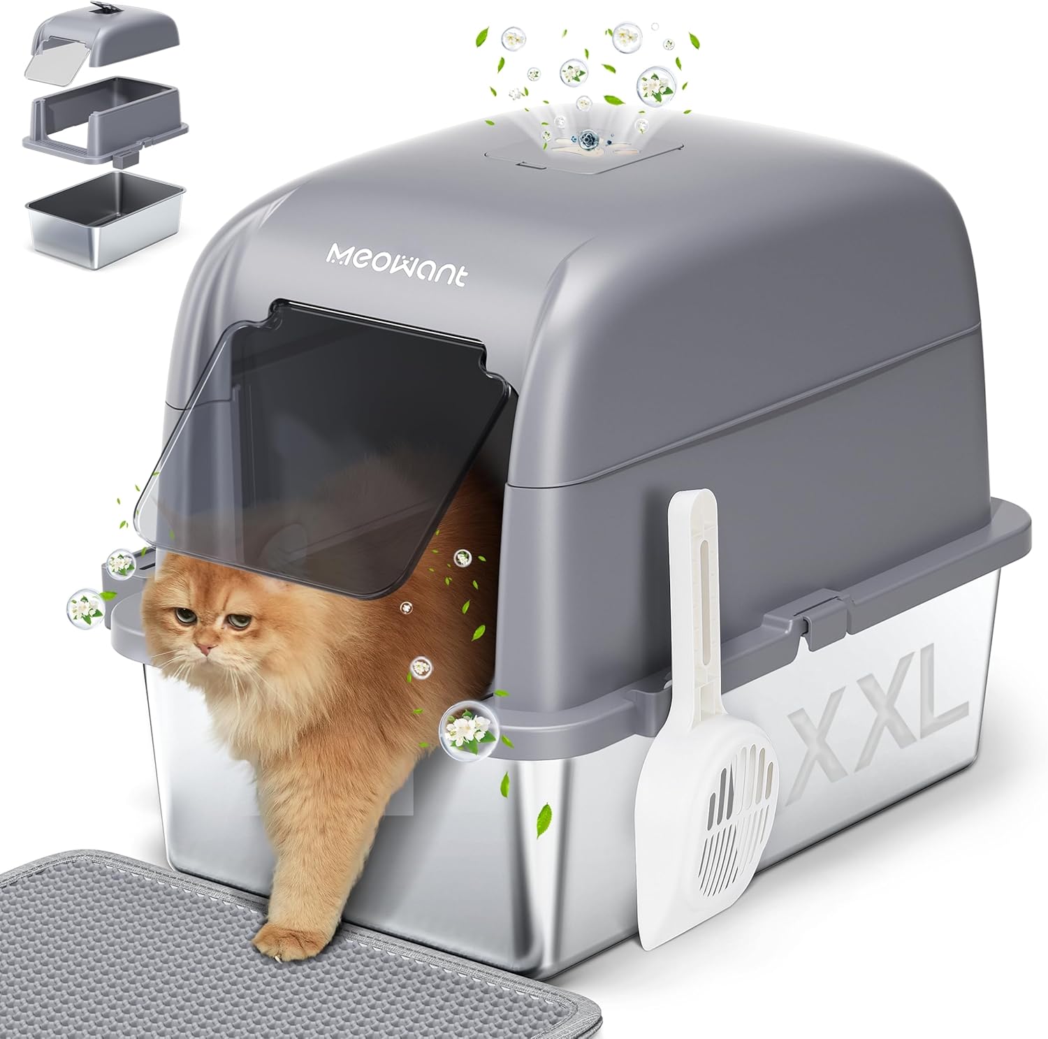 Meowant 2 Pezzi Lettiera Gatto in Acciaio Inox, Lettiere XXL, Nascosta Design Chiuso, Toilette Grande per Gatti di Grossa Taglia, Antiaderente, a Prova di Perdite, Staccabile e Facile da Pulire Grigio
