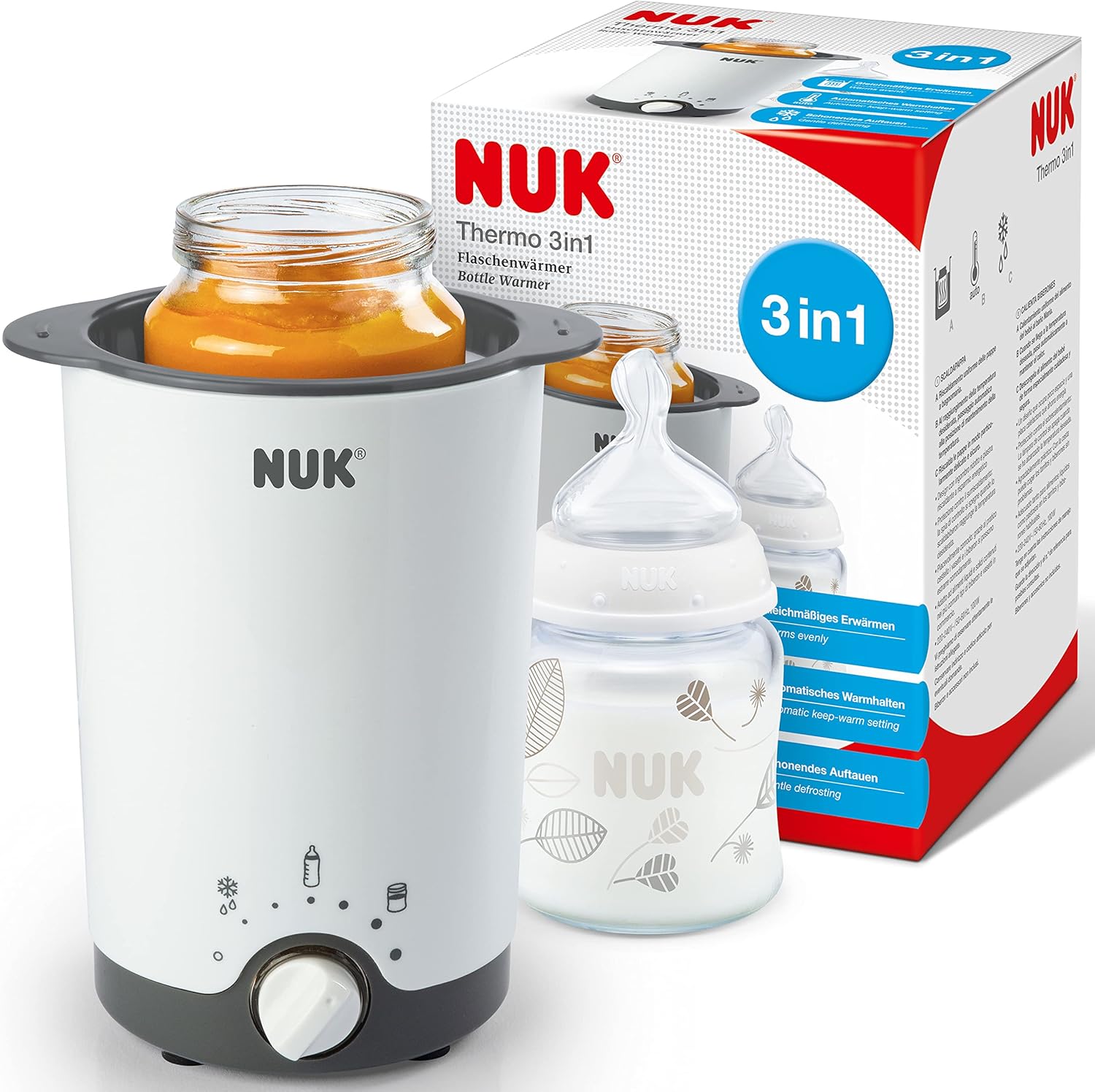 NUK Thermo Express Plus Portable Bottle Warmer, Gently Heats Liquid Food and Baby Food in 90 Seconds, Auto Shut-Off, Removable Basket, 2 Pin EU Plug, 12V Travel Adapter