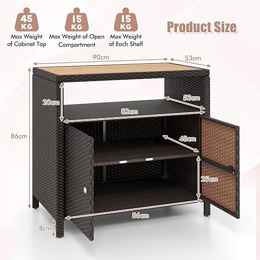 KOMFOTTEU Armadio da giardino in rattan, credenza con piano di lavoro in legno di acacia, capannone in vimini con 2 ante e ripiano aperto, mobile per esterni Terreza, 90 x 53 x 86 cm
