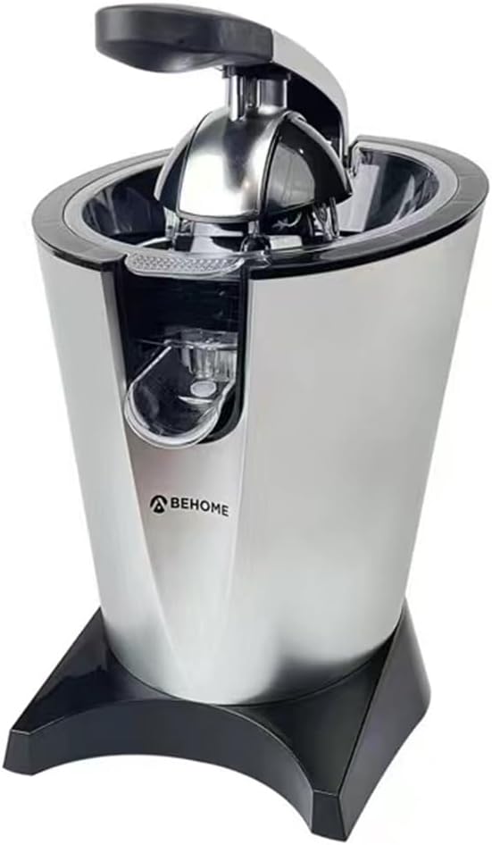 BEHOME Spremiagrumi Elettrico Professionale 2Litri | Spremiagrumi da Bar a Leva con braccio e beccuccio | 2 coni Acciaio Inox per Arancia e Limone e Filtro interno, nero e silver