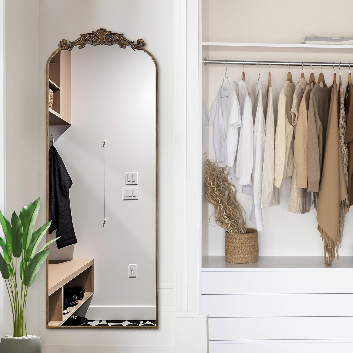 LunaMirror Filigree Specchio da appoggio, 162 x 52 cm, stile vintage, Sierlijke Gesneden Applicatie Retro Home Decor Specchio da parete per Woonkamer Slaapkamer Hal Entree, oro