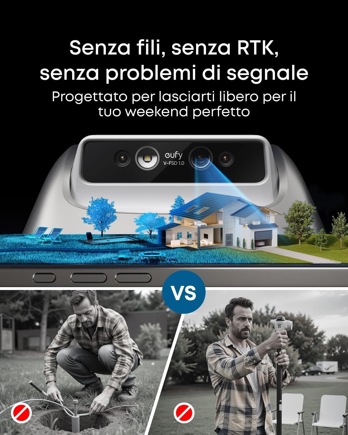 eufy E15 Robot Tagliaerba senza Filo Perimetrale, Nessuna Perdita di Segnale, Senza RTK,TrueVision, Navigazione Smart, Giardini fino a 800 m², Taglio Preciso Bordi, Evita Ostacoli, Controllo App