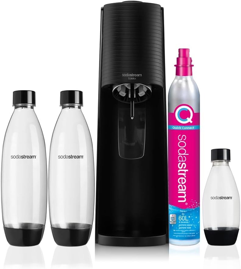 SodaStream Terra Megapack, Gasatore d'acqua per trasformare l'acqua in acqua frizzante, incluso cilindro contente Co2, 2 bottiglie da 1 litro, 1 bottiglia da mezzo litro, 28,8 x 19.5 x 43.6 centimetri