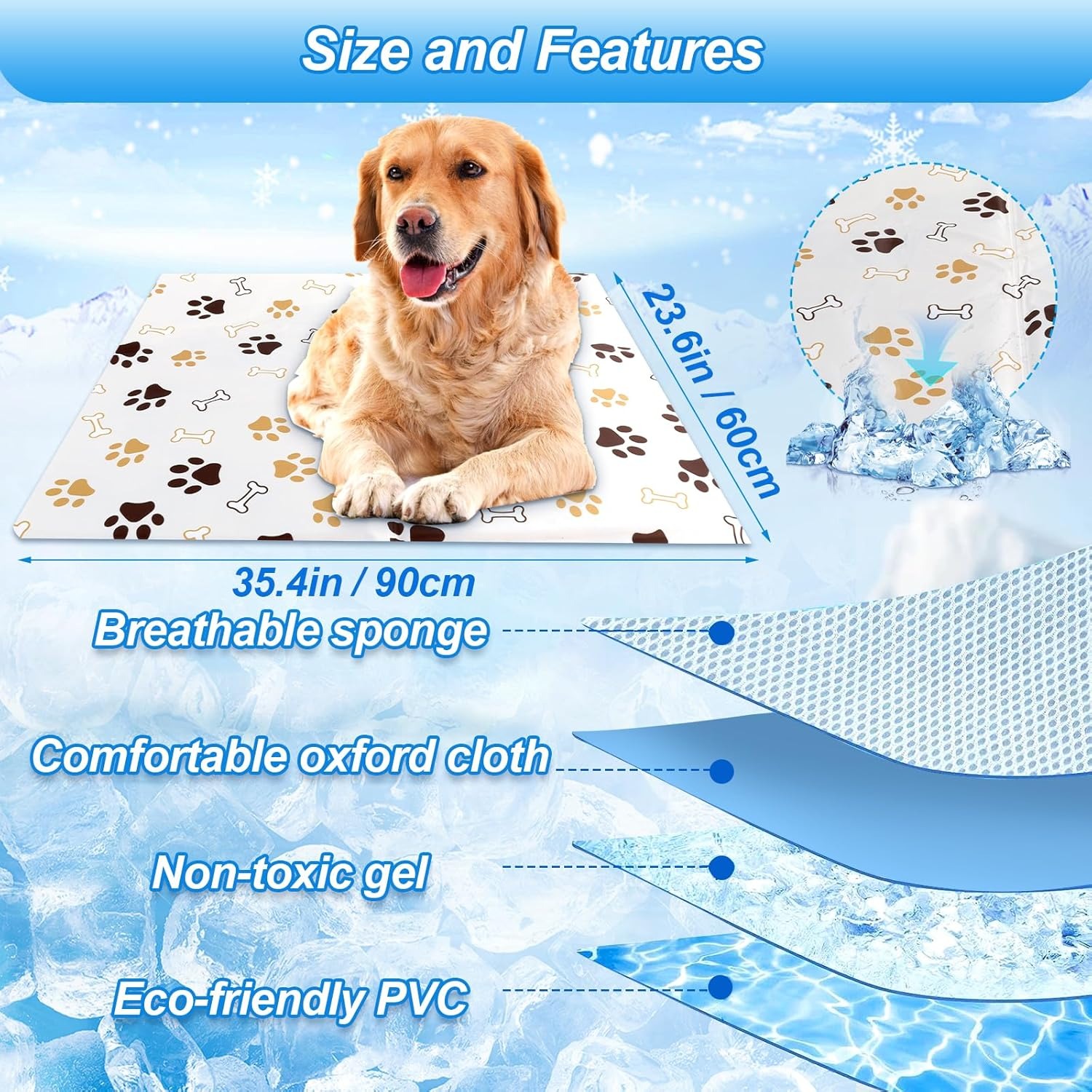 Tappetino Refrigerante Cane 90×60cm, Tappeto Refrigerante Animali Domestici, Tappetini refrigerante cane, Declino Naturale, Elementi Essenziali dell'Estate