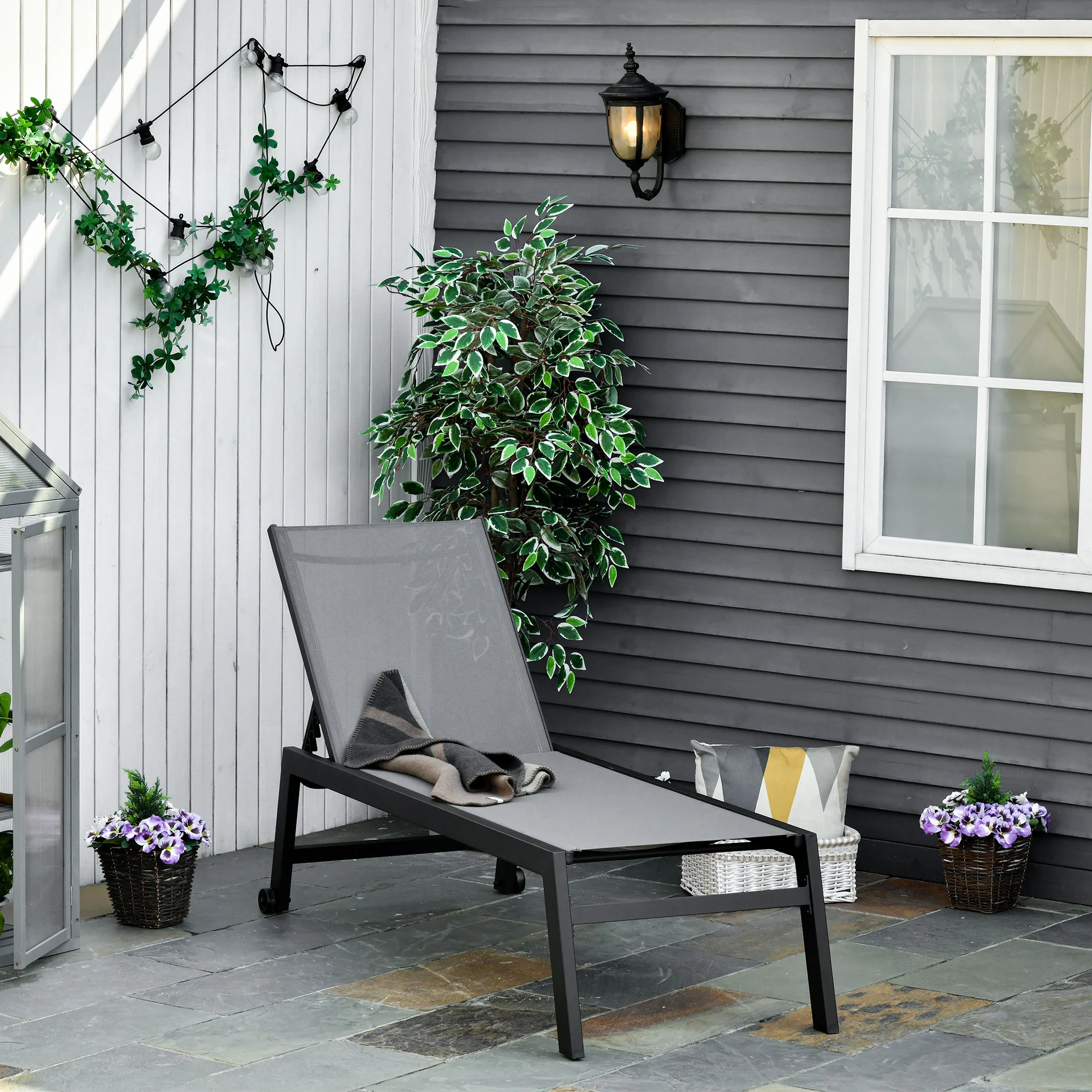 Easycomfort Lettino Sdraio Prendisole in Alluminio e Texteline Schienale Regolabile, Grigio e Nero, 2 Ruote 169x65x102cm