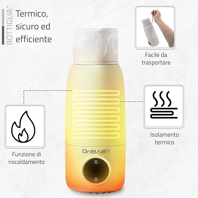 ONBABY Scaldabiberon Elettrico Portatile - Scaldabiberon da Viaggio per Latte e Acqua, Facile da Trasportare - Temperatura Regolabile, Ricarica USB