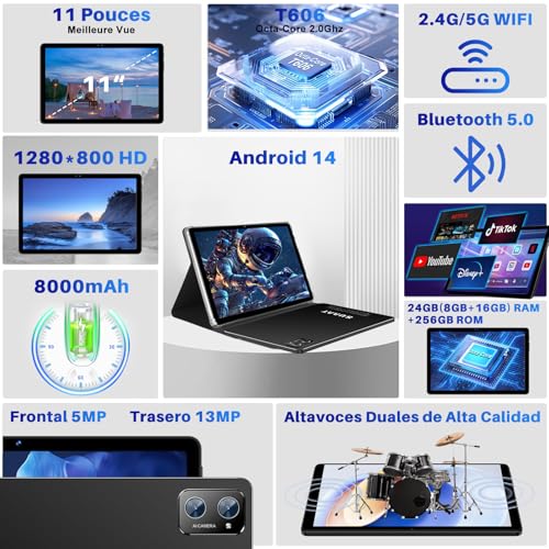 SUAAT 2025 Newest Tablet 11 Pollici 24 GB RAM   256 GB ROM (espandibile a 512GB), Android 14 Octa Core, 1280 * 800 HD, WiFi 6, Bluetooth 5.0, 8000 mAh, 13MP 5MP, Tablet con   Custodia, Nero : Informatica