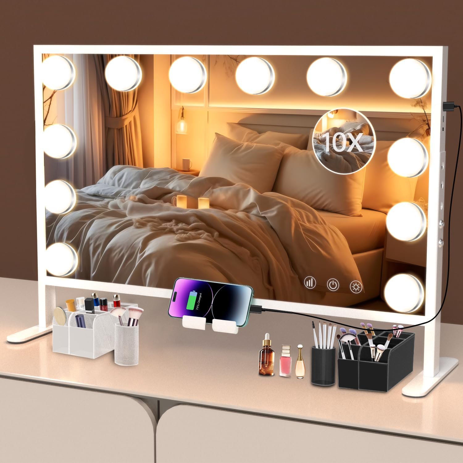 BESTOPE PRO Hollywood Adjustable Makeup Mirror, 60 x 35 cm, Mobile Phone Holder, 12 Dimmable Touch LEDs, 3 Colour Modes, Table/Wall Mirror, 10X Magnification, White