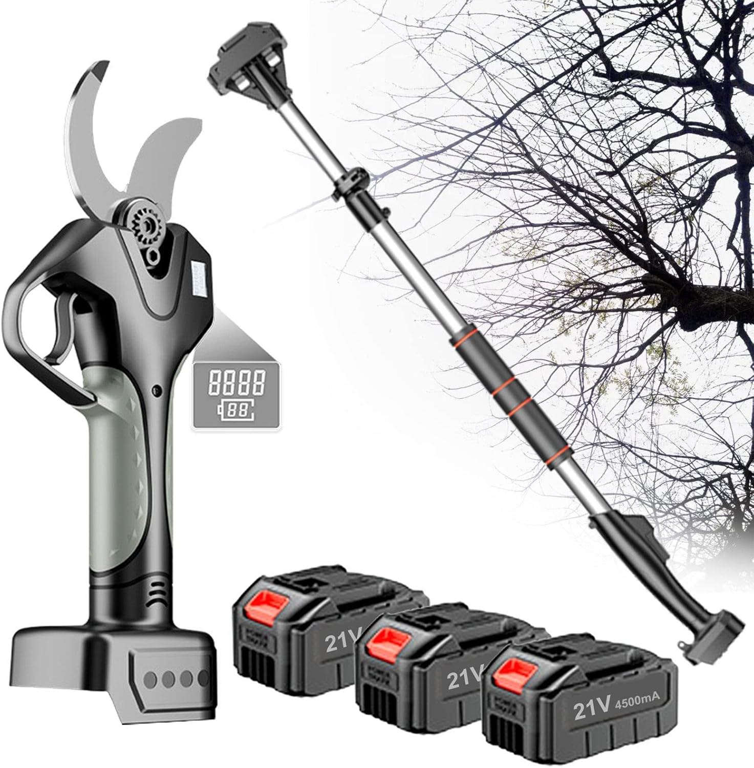 MMCUBE VUSNPL Electric Cordless Pruning Shears for Trees 45 mm with Extension Rod, Electric Branch Pruner, Professional Electric Scissors, 2/3 Batteries