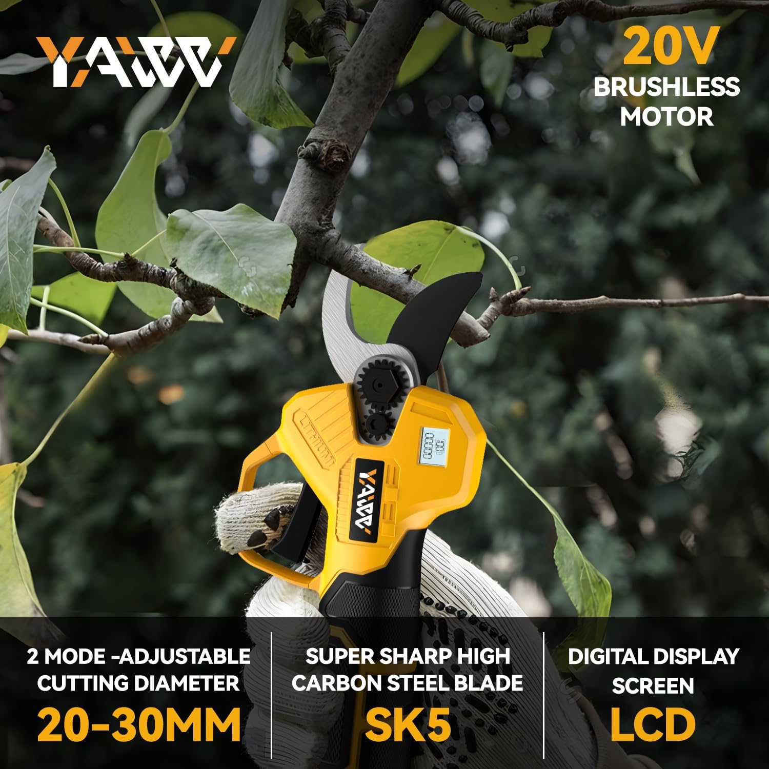 DeWalt 20V Brushless Electric Pruning Shears, Portable Cordless Shears with LCD Display and SK5 Blades, 2-3cm Adjustable Cutting Diameter for Gardening and Tree Pruning