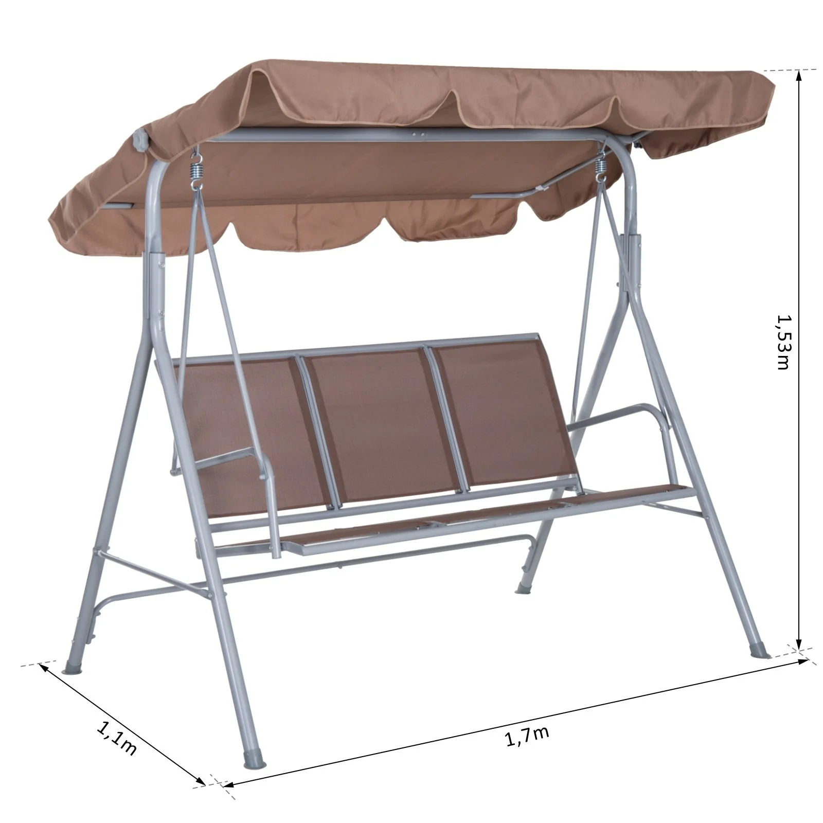 Easycomfort Dondolo da Giardino a 3 Posti in Metallo, Tetto Parasole Rimovibile e Lavabile, Marrone e Argento, 171x108x154cm