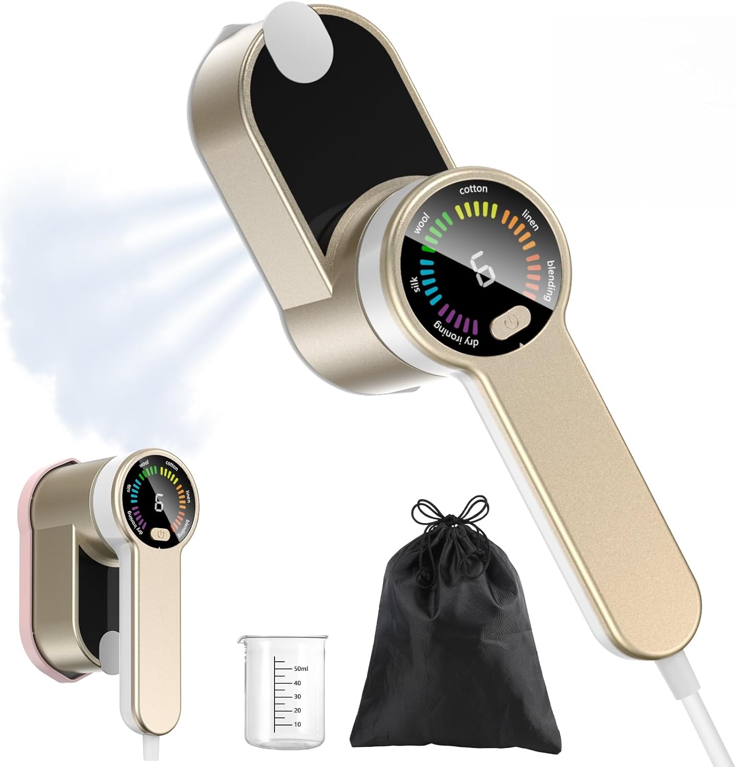 PKBD 2 in 1 Portable Travel Ironing Iron Vertical Portable 6 Smart Modes, Fast Heating in 9s – 1200 W Electric Ironing Machine with Pouch Bag (Gold-White)