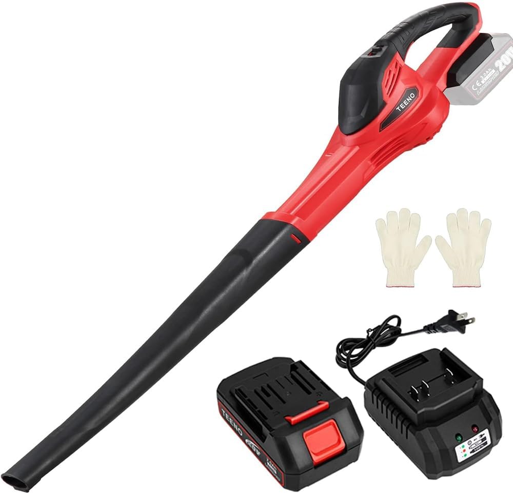 TEENO 300W Wireless Sheet Blower Tools 20 V with 3.0 Ah Battery and Charger Included | Adjustable Air Speed Up to 288 km/h | 13000 RPM | Red Design | Electric Garden Tool