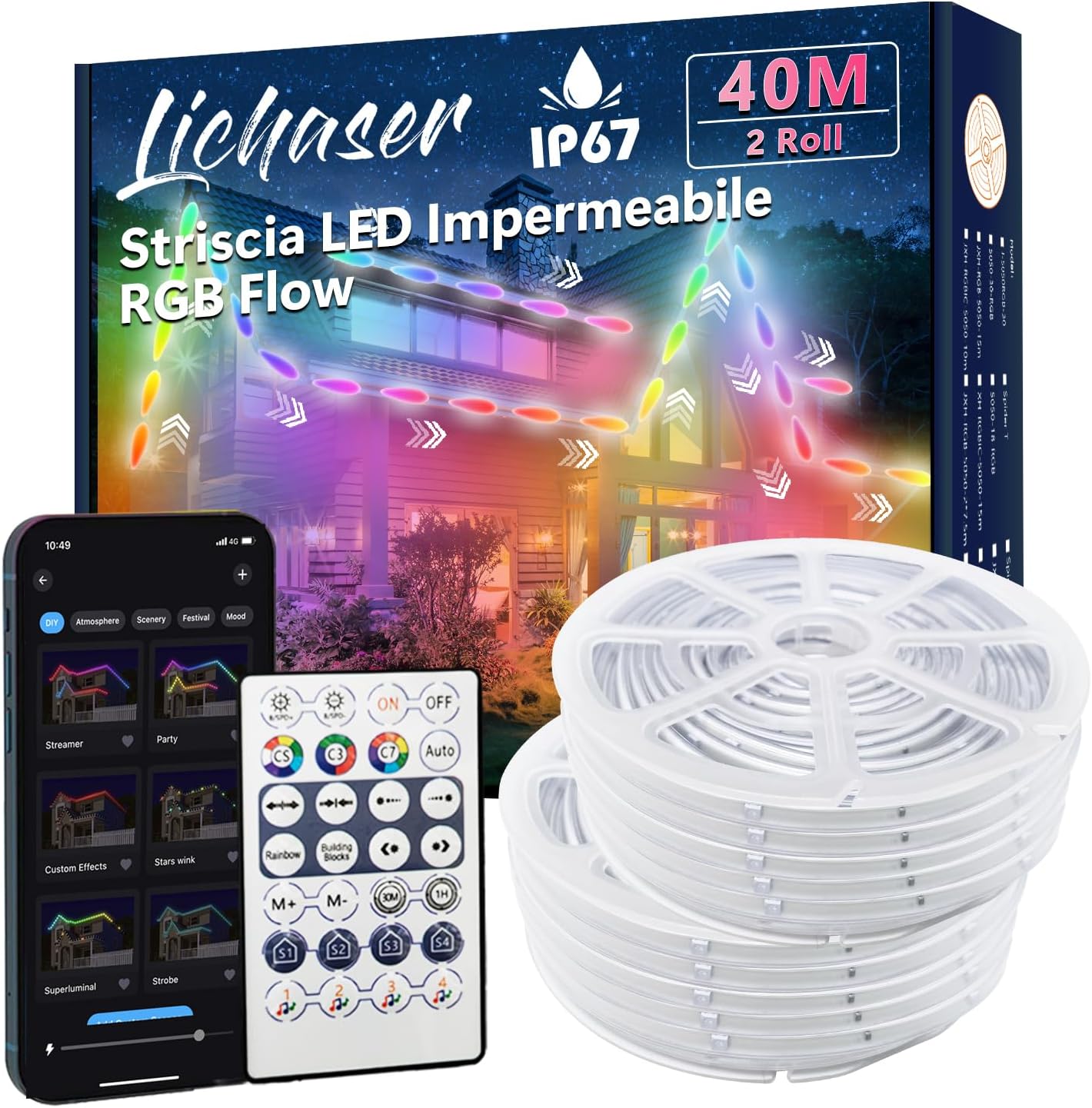 Lichaser 50M IP67 RGB+IC Striscia LED per Esterni Strisce LED Impermeabili Fai da te, Tracciamento e Segmentazione con App BT Etelecomando 2.4G RF per Uso Esterno