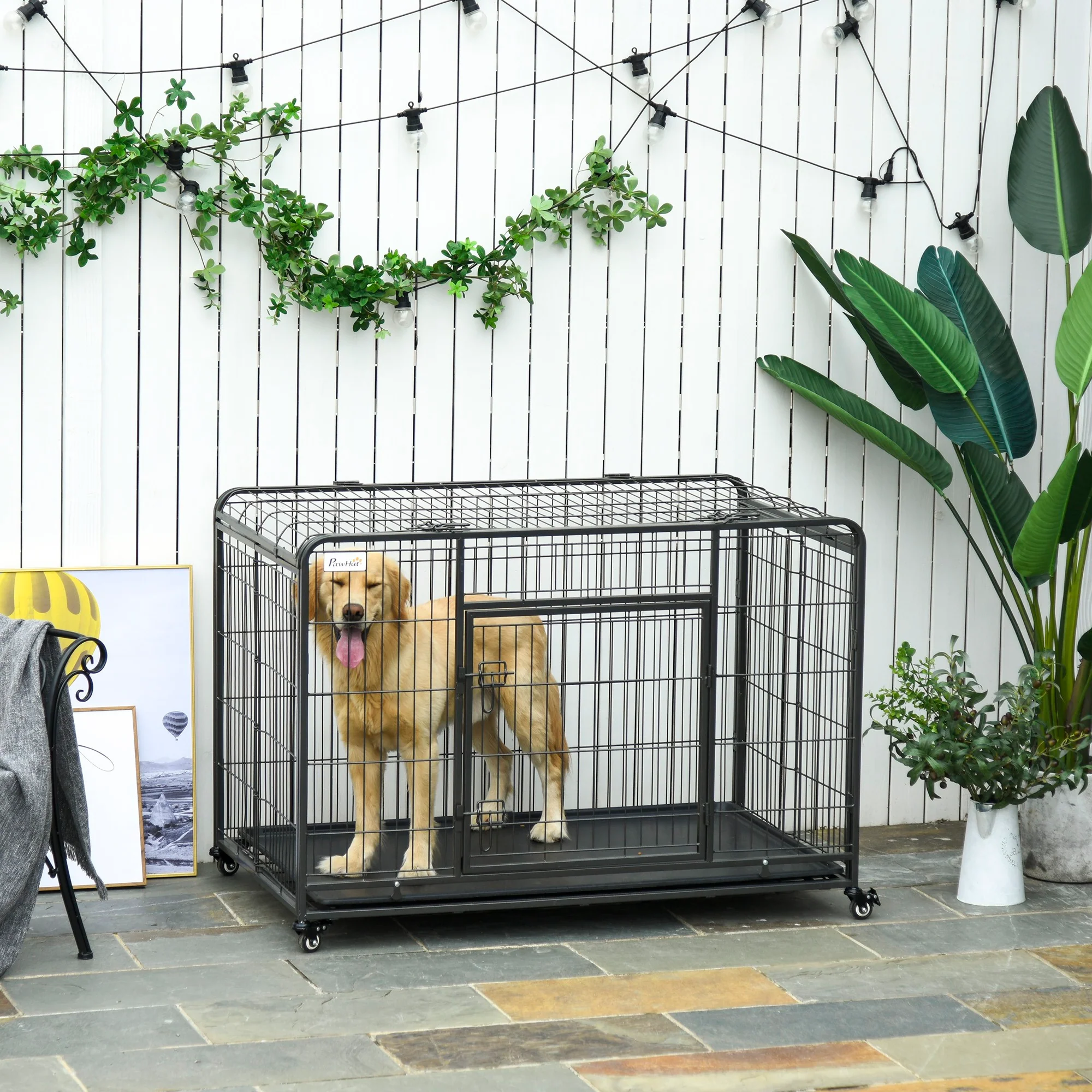 Easycomfort Kennel Gabbia per Cani Pieghevole Doppia Porta con Blocco 4 Ruote con Freno e Fondo Rimovibile, 125x76x81cm