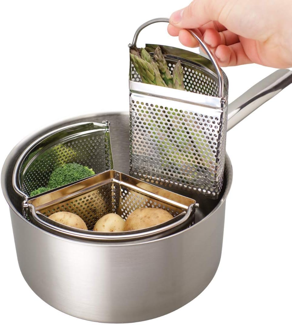 Saucepan Triple Divider And Separator Set - Saves Energy and Space When Cooking. Three Part Professional 18cm Stainless Steel Strainer. Vegetables, Potatoes, Mussels, Boiled Eggs. Pan Not Included.