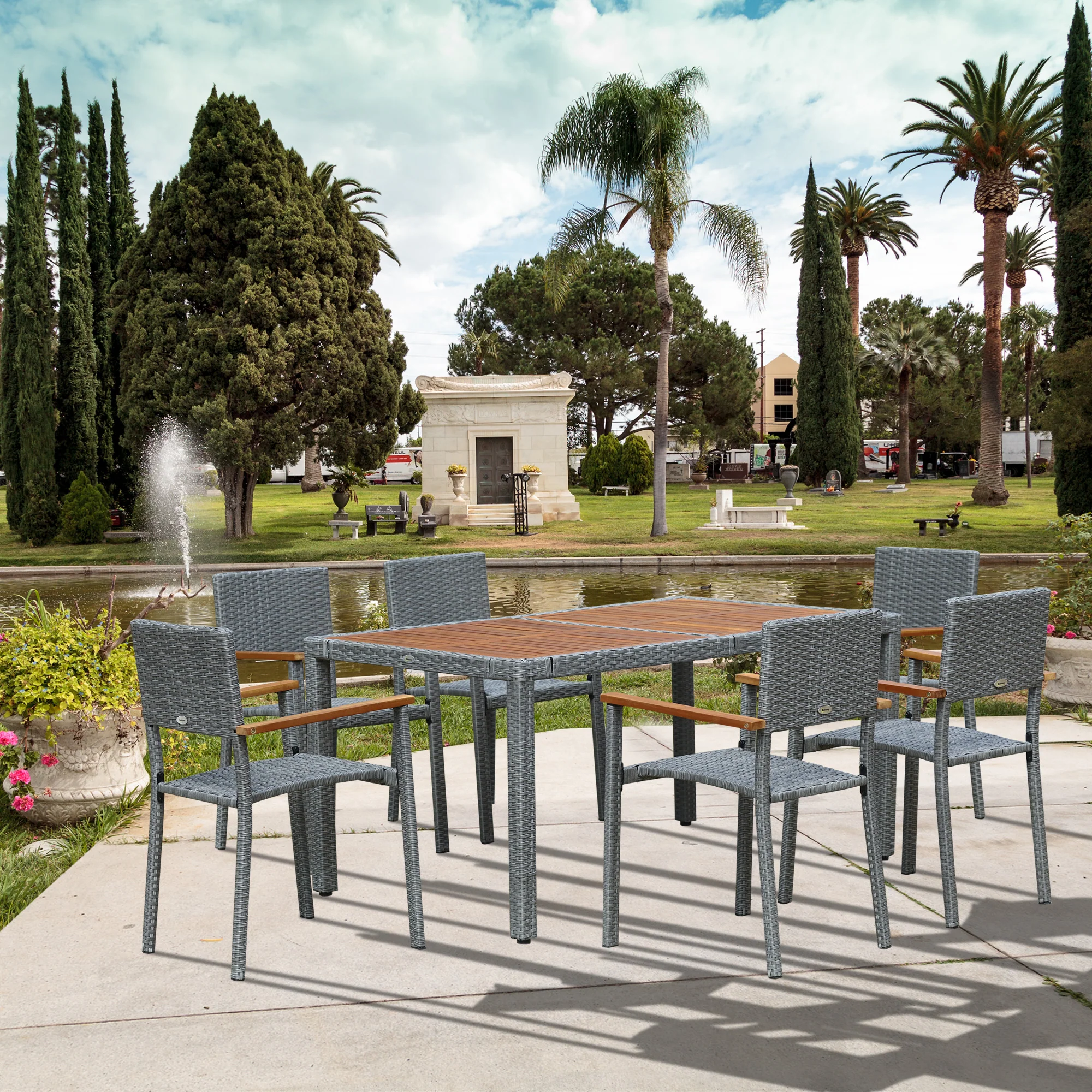 EasyComfort Set da Giardino 7 Pezzi, Tavolo in Acciaio e 6 Sedie in Legno e Rattan con Cuscini, Grigio