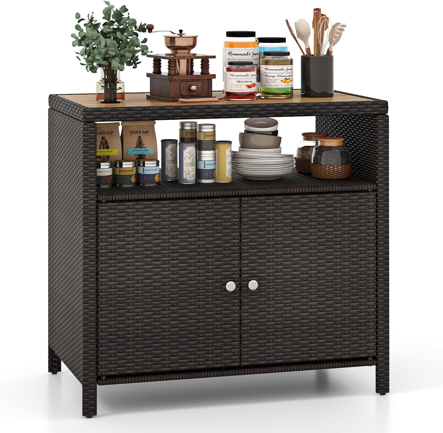 GIANTEX Armadietto da giardino, in rattan, per esterni, con piano di lavoro e scaffale, per giardino, balcone e piscina, 90 x 53 x 86 cm (nero)