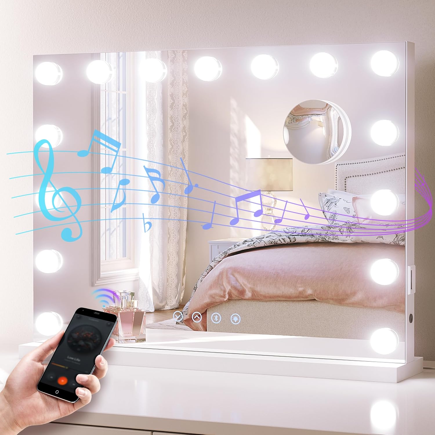 SONNI Hollywood Specchio con illuminazione 80 x 60 cm, specchio da trucco con Bluetooth e porta di ricarica USB, 14 lampadine a LED, grande specchio cosmetico con 3 temperature di colore e lente