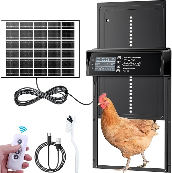 Porta per Pollaio Automatica,Porta Automatica Pollaio Solare,Porta Pollaio Automatica con Timer, Display LED, Sensore di Luce, Telecomando,apriporta in modo sicuro