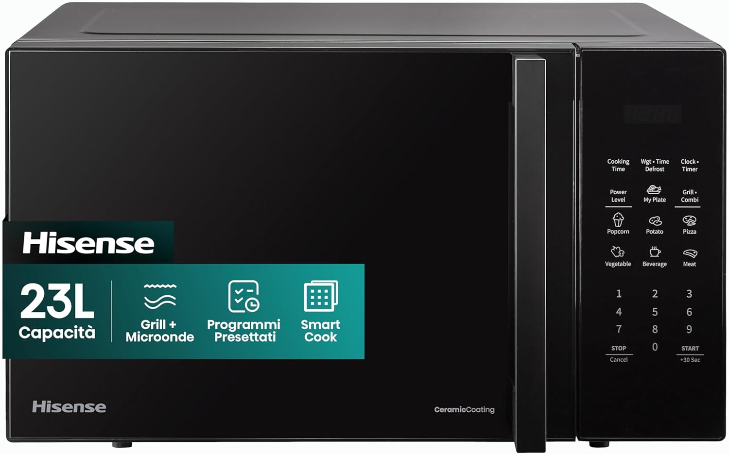 Hisense Forno Microonde Elettronico, Capacità 23 L, Potenza 800 W, Grill Potenza 1000 W, Display Led con Comandi Touch, Nero