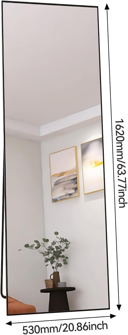DAHUEN Specchio da appoggio 162 x 53 cm, specchio da pavimento rettangolare a piena lunghezza, specchio da parete da appendere o da appoggiare, con telaio in alluminio nero, per bagno, camera da