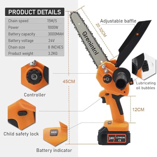 Grenintol Mini Motosega a Batteria, 8 Pollici Motosega 1000W, 6000mAh/24V, Mini Motosega Portatile,Sega Potatura,Oliatore Automatico,Blocco di Sicurezza, Adatta per Taglio Legno Alberi e Rami : Amazon.it: Giardino e giardinaggio