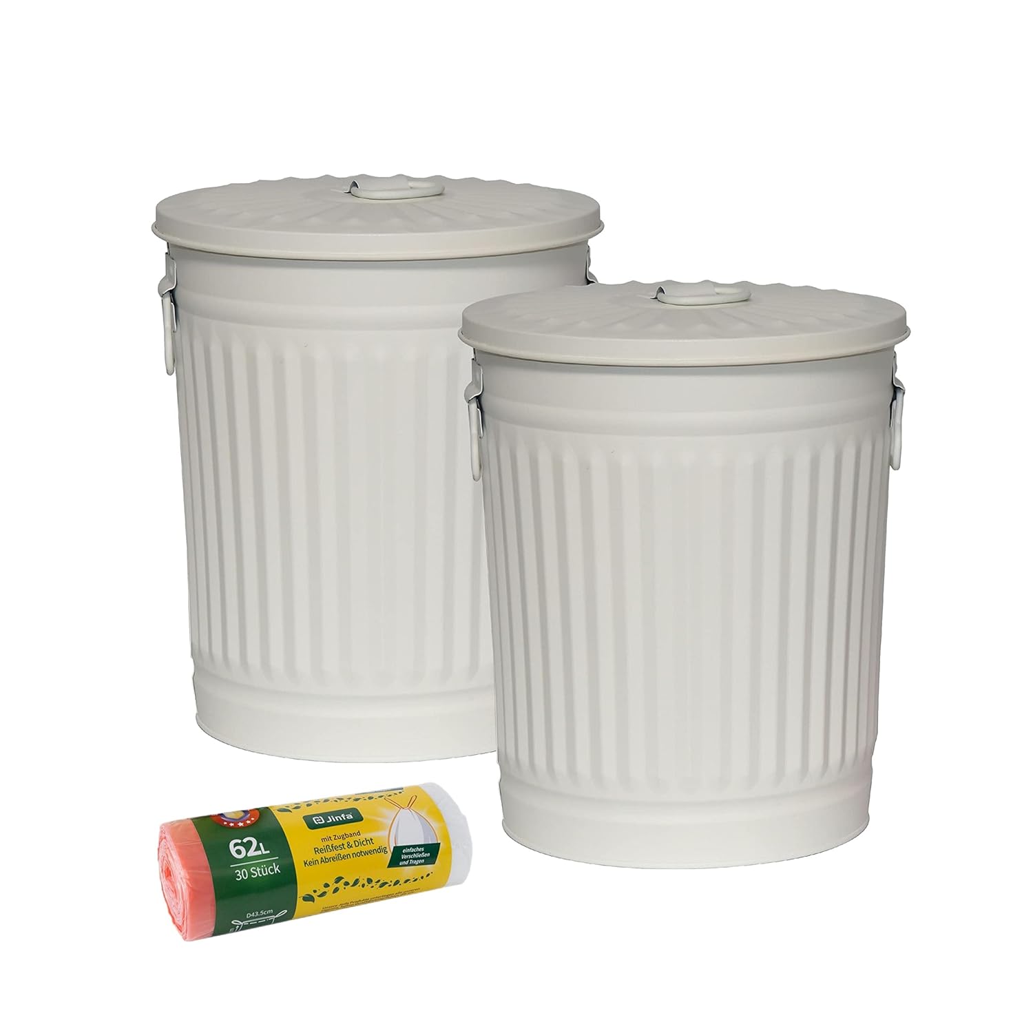 Jinfa Set da 2 Bidoni in metallo con manici e coperchio + 30 sacchetti per pattumiera | Bianco crema | 62L