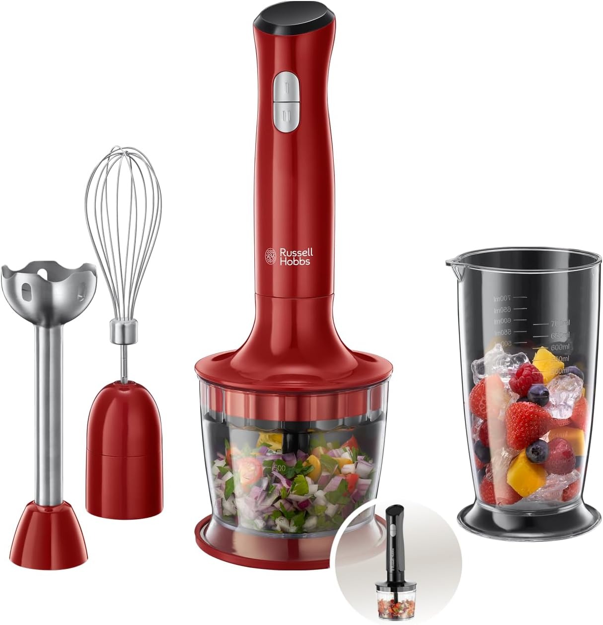 Russell Hobbs Frullatore a Immersione Rosso - 3 in 1 - Frullatore-tritatutto, Mixer e Frusta - Senza BPA e Lavabile in Lavastoviglie, Frullati, Zuppe, Salse, Yogurt, Alimenti Bambini, 24700-56