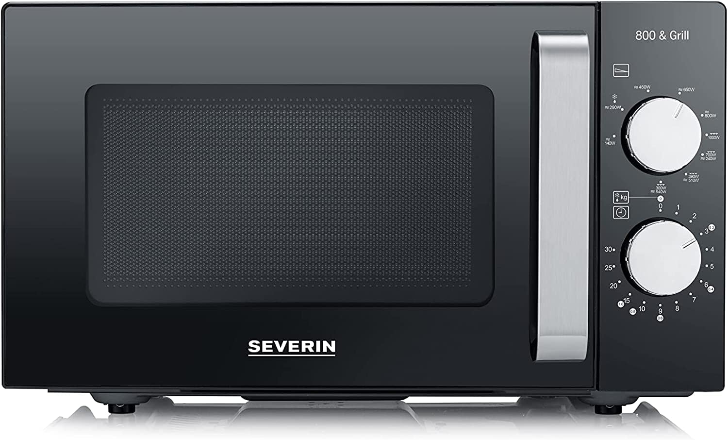 SEVERIN Forno a microonde 2 in 1 con fondo in ceramica e grill, forno a microonde per scongelare e riscaldare, con grande superficie utile per stoviglie quadrate, nero/acciaio inox, MW 7762