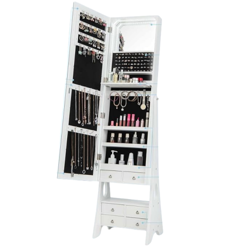 Armadietto Portagioie da Terra, Specchio Portagioie con Specchio Senza Cornice, 12 Luci LED, Specchiera Portagioie per Trucco da Terra, con 4 Cassettini, 41 x 36 x 159 cm (Bianco)