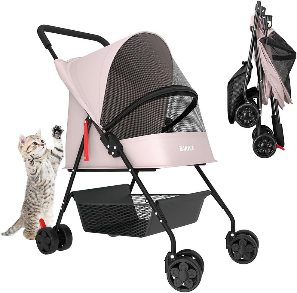 BAKAJI Stroller for Pets Maximum Load 15 kg, Folding and Space-Saving Pram for Dogs and Cats with Storage Basket and Lockable Wheels, Protective Anti-UV Hood (Grey)
