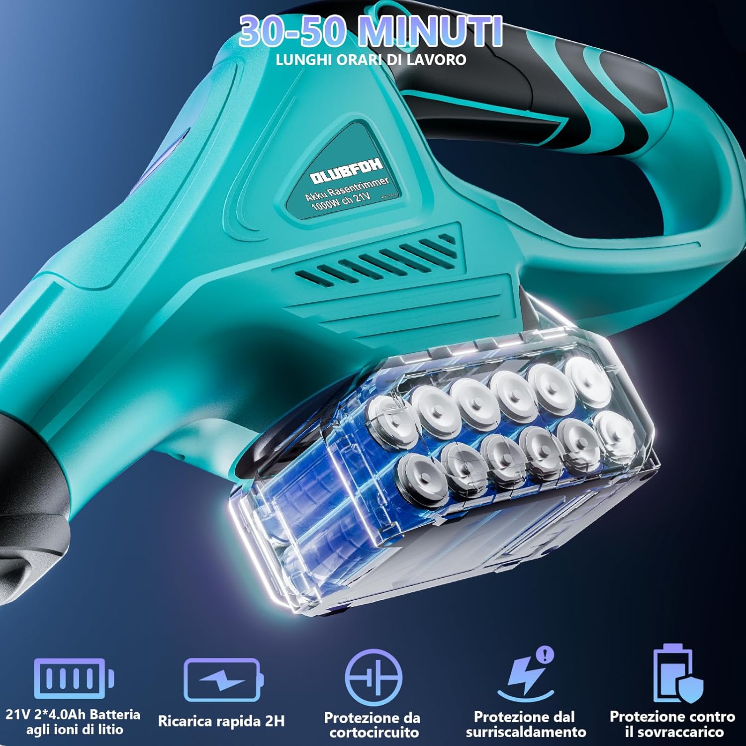Olubfdh Tagliaerba con batteria 21 V 1000 W, motore senza spazzole 3 in 1, con batteria 8000 mAh con testa trimmer girevole a 90°, manico telescopico, display a cristalli liquidi, 2 batterie da 4,0 Ah