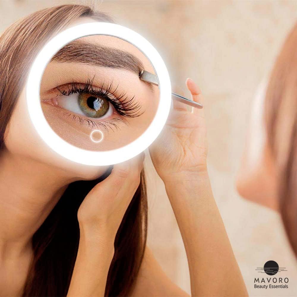 Specchio ingranditore 10X con luce LED e 3 forti ventose, compatto e illuminato (4 batterie AAA)
