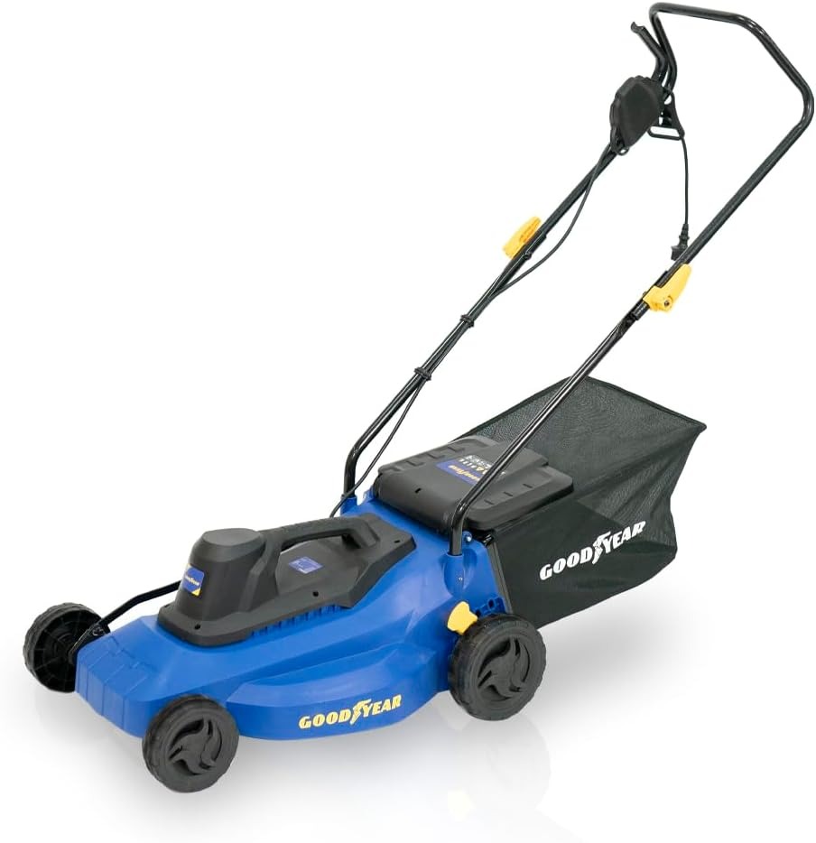 Goodyear – Rasaerba elettrico da 1800 W. Motore 3200 giri/min 210-230 V. Rasaerba a filo con larghezza di taglio 40 cm. 71x48x29 cm. Sacco di raccolta da 35 litri