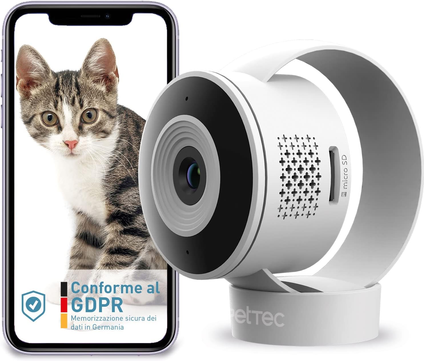 PetTec® Cam Lite - Telecamera per animali domestici Telecamera per cani con app [SENZA ABBONAMENTO] - Telecamera per gatti e cani a casa con rilevamento del movimento e funzione di visione notturna