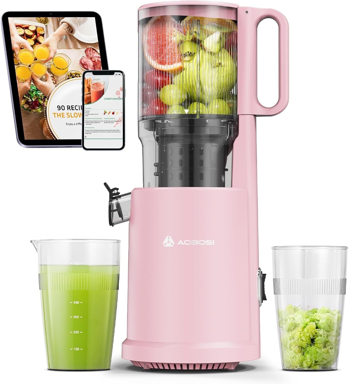 AOBOSI Estrattore frutta e verdura, 126MM XXL Grande Canale di Alimentazione per Frutta e Verdura Intere - Capacità 1,5L, 200 W Slow juicer, Triplo Filtro, Nero