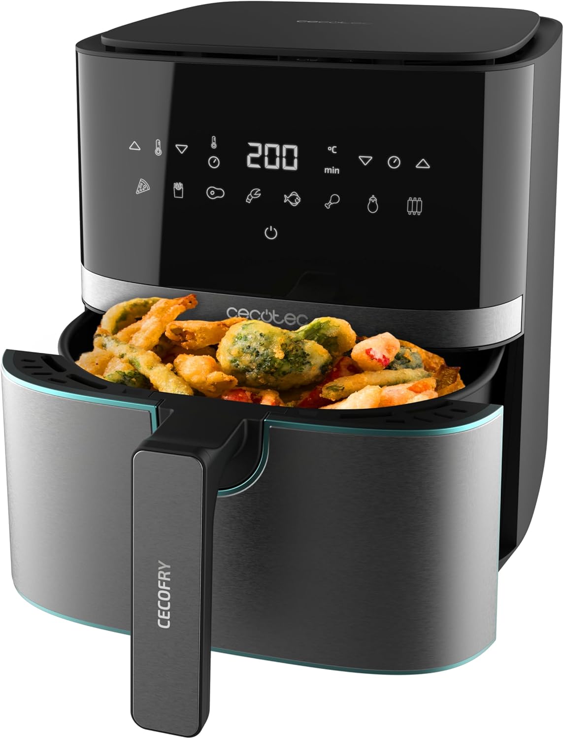 Cecotec Friggitrice ad Aria 5,5L - Air Fryer Cecofry Full InoxBlack 5500 Pro. 1700W, Digitale, Pannello Touch, Finiture in Acciaio Inox, Tecnologia PerfectCook, Termostato, 8 Modalità