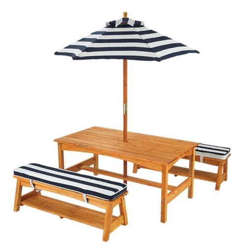KidKraft Set tavolo e panchine in legno per bambini con cuscini e ombrellone, mobili per giardino e per esterno, Strisce blu navy e bianche, 00106 : Giardino e giardinaggio