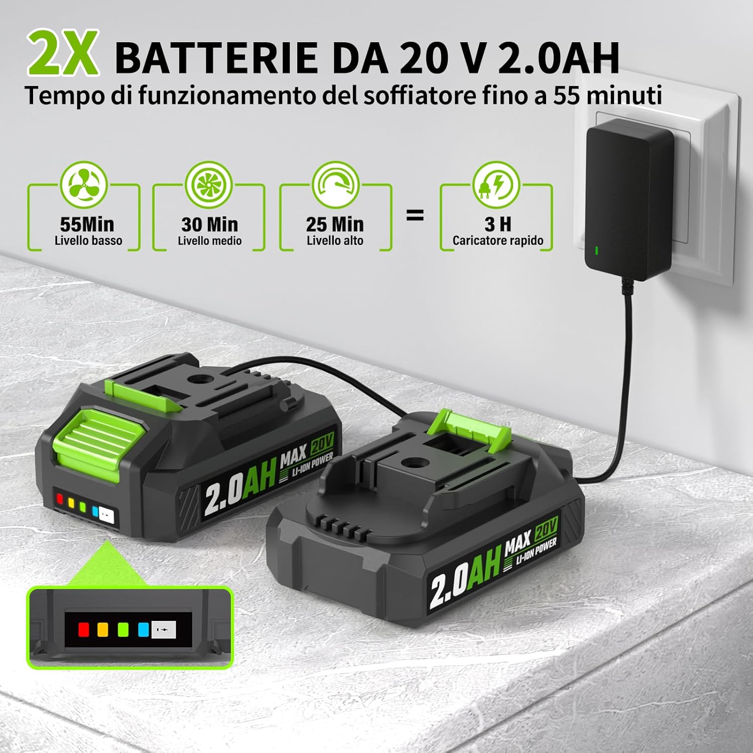 Battery Blower with 2 × 2.0 Ah, 20 V Leaf Blower, Leaf Fan, Lightweight Only 1.4 kg, Leaf Blower 3 Speeds, Turbo Switch Max15000 RPM, Air Flow 240 km/h